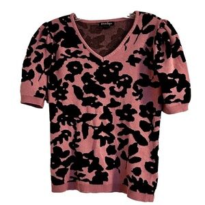 ByDesign Floral Sweater PM Dusty Rose Black V-Neck Puff Sleeve Knit